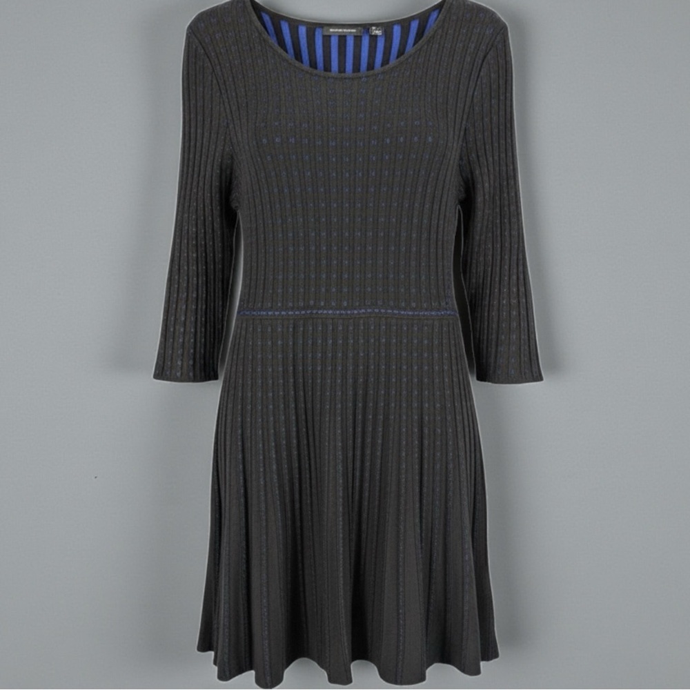 Nina Leonard Black Pleated Sweater Knit Fit & Flare Dress Blue Dot Detail Size M